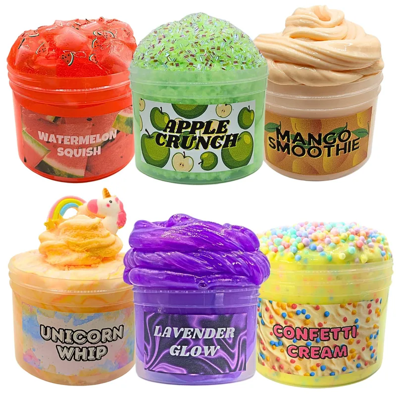 Six jars in the 6-Pack Textured Slime Bundle: Watermelon Squish, Apple Crunch, Mango Smoothie, Unicorn Whip, Lavender Glow and Confetti Cream