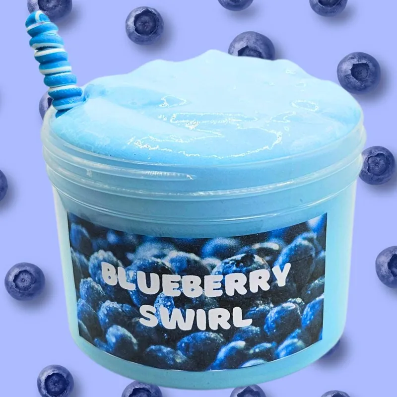 Blueberry Swirl jar of light blue glossy slime with a striped straw charm