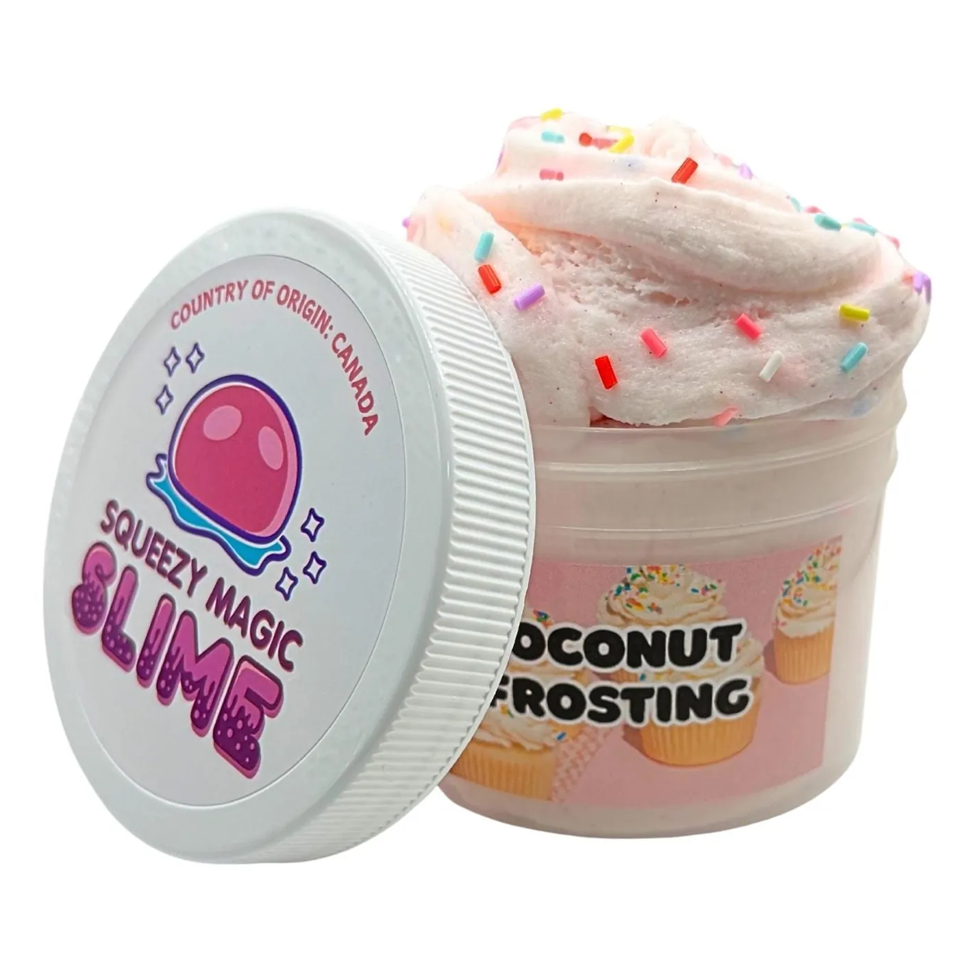 Coconut Frosting jar with pink slime and sprinkles beside its Squeezy Magic Slime lid