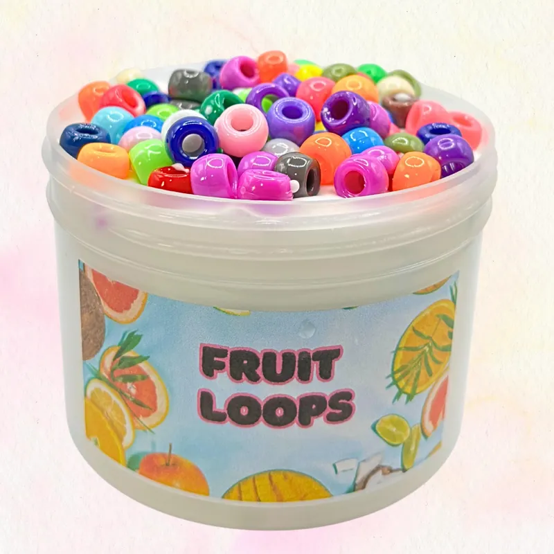 Fruit Loops jar of white slime topped with rainbow beads