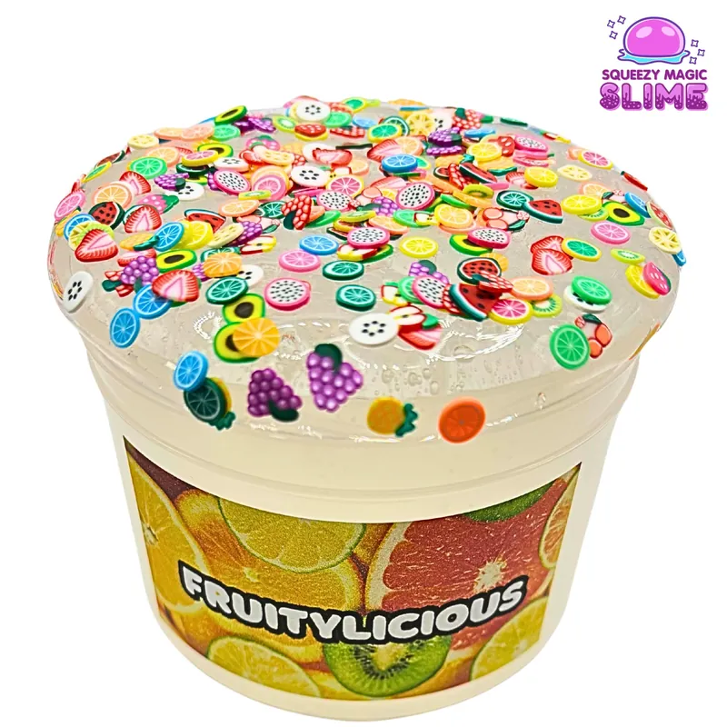 Fruitylicious jar of clear slime topped with colourful fruit charms
