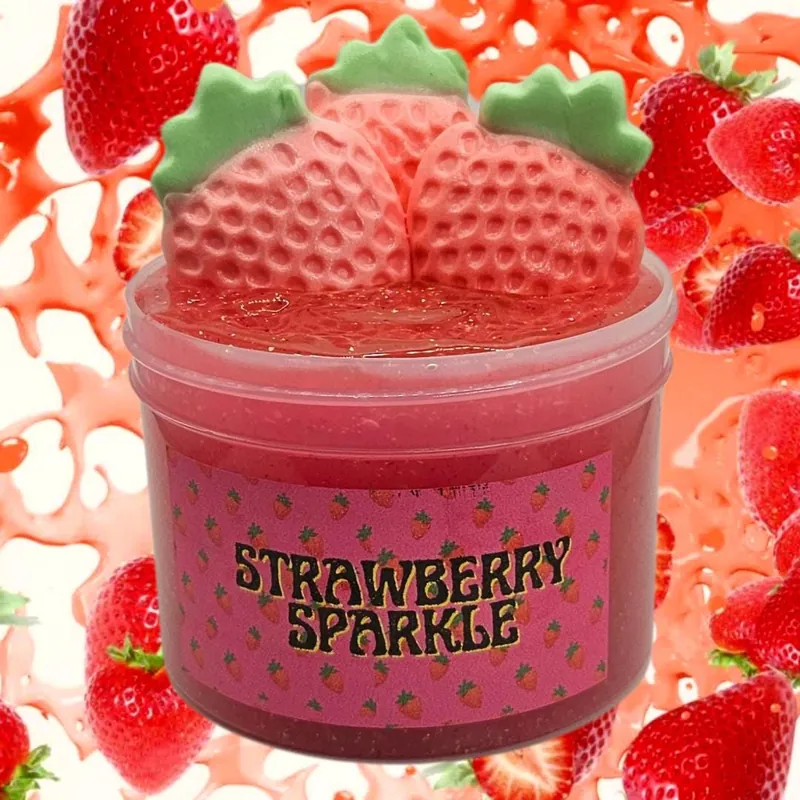 Strawberry Sparkle jar of sparkly red slime with three strawberry clay toppers