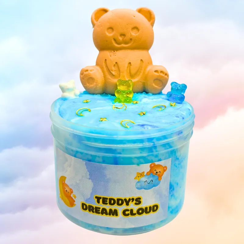 Teddy's Dream Cloud jar of blue cloud slime with a teddy bear clay topper